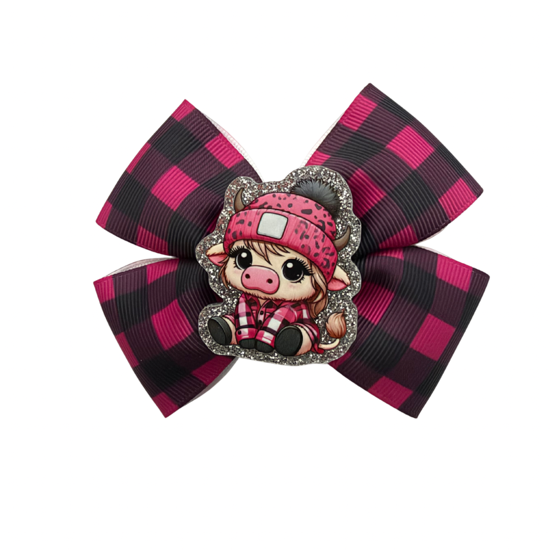 Pink Plaid Cow Hair Bow