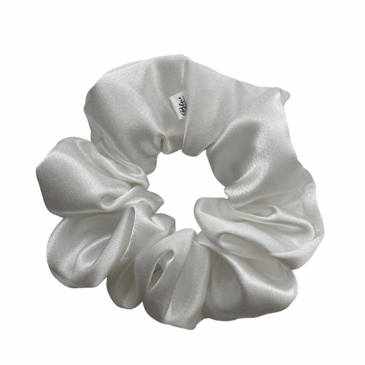 XL White Satin Scrunchie on White background