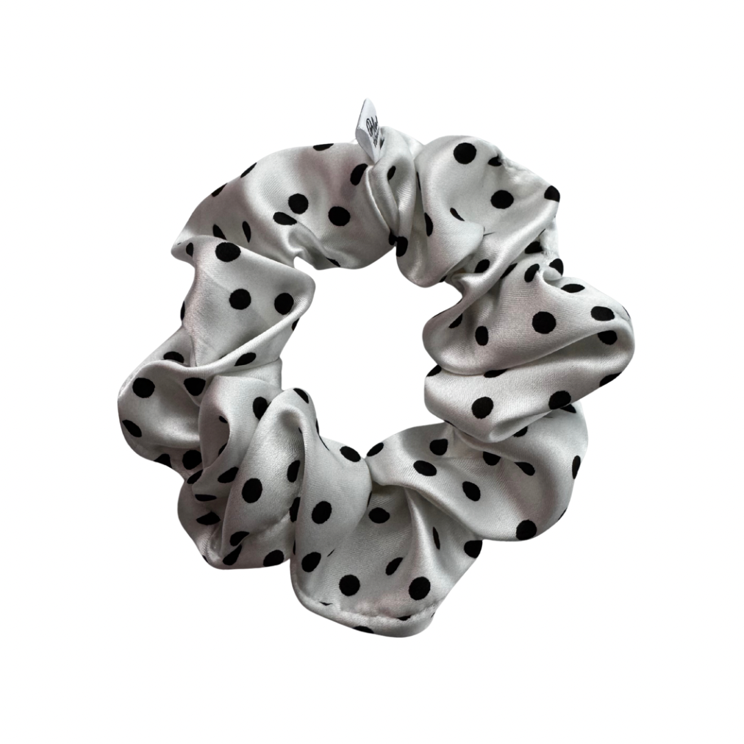 White satin scrunchie with black polka dots