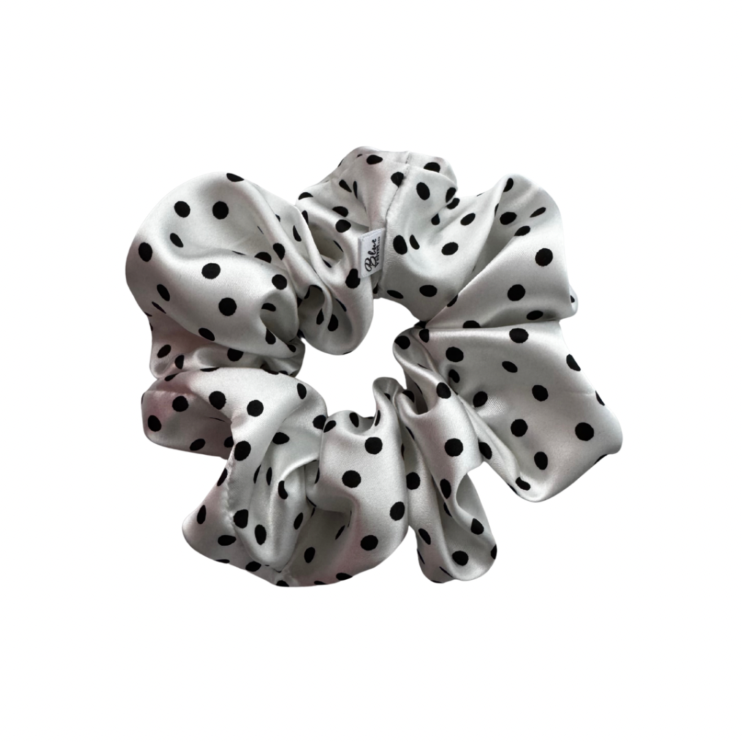 White XL Satin Scrunchie with black polka dots