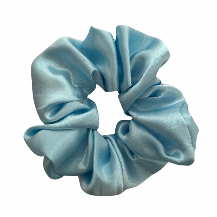 A blue satin scrunchie displayed on a white background.