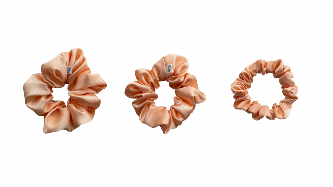Peach Satin Scrunchies in 3 size. Skinny Classic and XL