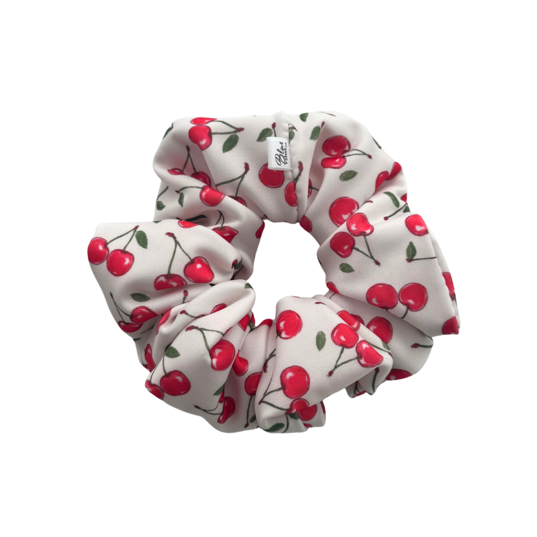 White XL Swim Scrunchie with cherry pattern.